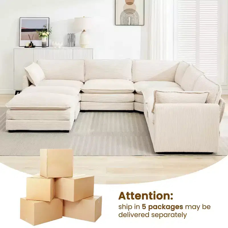 HYLEORY Canapé modulable surdimensionné en velours côtelé de 288 cm de profondeur * 288 cm de large, 7 places, avec double pouf, canapé en U avec canapé d'angle