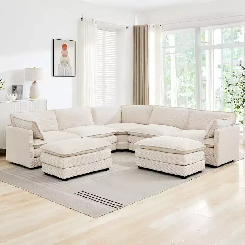 HYLEORY Canapé modulable surdimensionné en velours côtelé de 288 cm de profondeur * 288 cm de large, 7 places, avec double pouf, canapé en U avec canapé d'angle