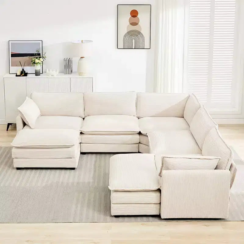 HYLEORY Canapé modulable surdimensionné en velours côtelé de 288 cm de profondeur * 288 cm de large, 7 places, avec double pouf, canapé en U avec canapé d'angle