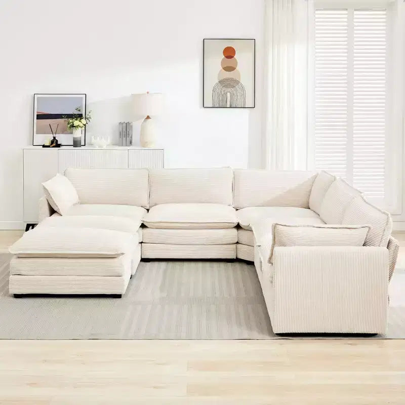 HYLEORY Canapé modulable surdimensionné en velours côtelé de 288 cm de profondeur * 288 cm de large, 7 places, avec double pouf, canapé en U avec canapé d'angle