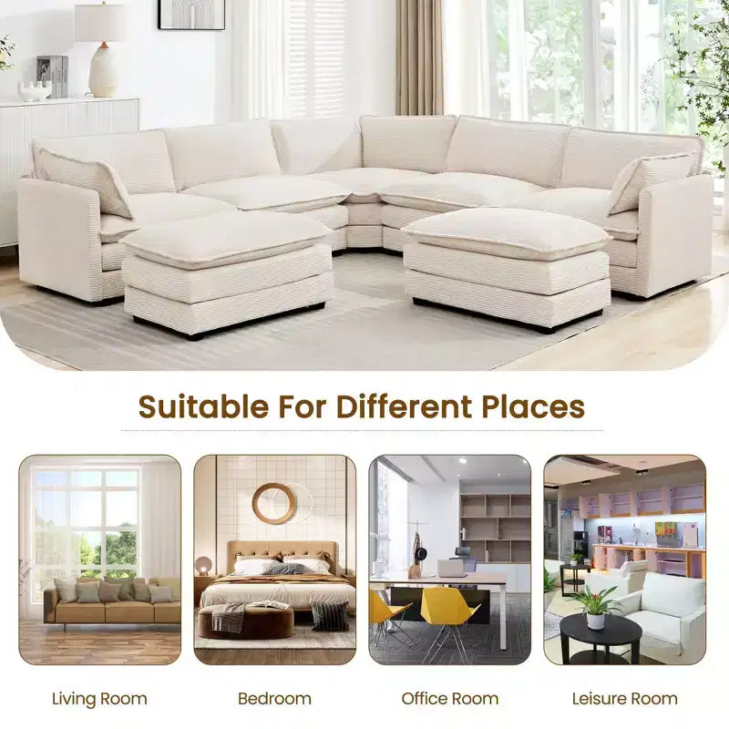 HYLEORY Canapé modulable surdimensionné en velours côtelé de 288 cm de profondeur * 288 cm de large, 7 places, avec double pouf, canapé en U avec canapé d'angle