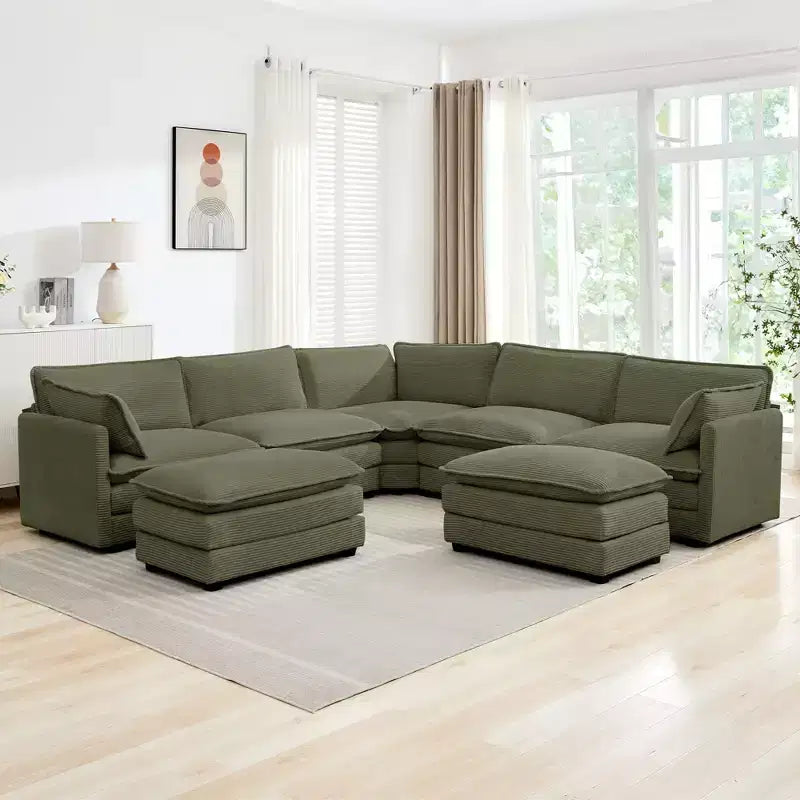 HYLEORY Canapé modulable surdimensionné en velours côtelé de 288 cm de profondeur * 288 cm de large, 7 places, avec double pouf, canapé en U avec canapé d'angle