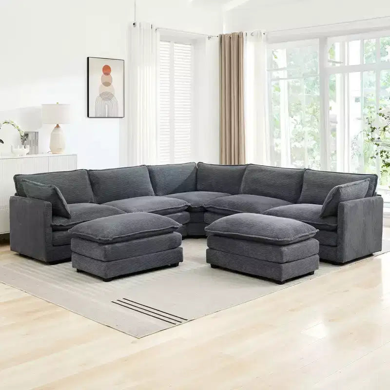 HYLEORY Canapé modulable surdimensionné en velours côtelé de 288 cm de profondeur * 288 cm de large, 7 places, avec double pouf, canapé en U avec canapé d'angle