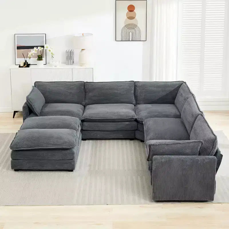 HYLEORY Canapé modulable surdimensionné en velours côtelé de 288 cm de profondeur * 288 cm de large, 7 places, avec double pouf, canapé en U avec canapé d'angle