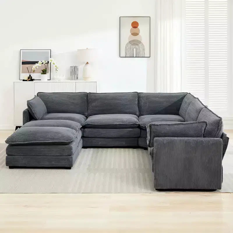 HYLEORY Canapé modulable surdimensionné en velours côtelé de 288 cm de profondeur * 288 cm de large, 7 places, avec double pouf, canapé en U avec canapé d'angle