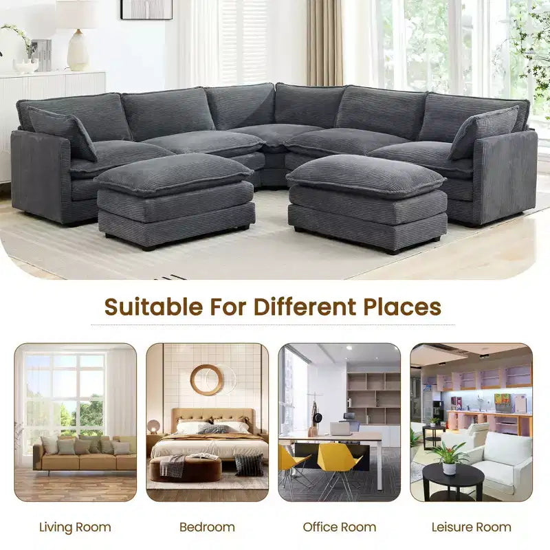 HYLEORY Canapé modulable surdimensionné en velours côtelé de 288 cm de profondeur * 288 cm de large, 7 places, avec double pouf, canapé en U avec canapé d'angle