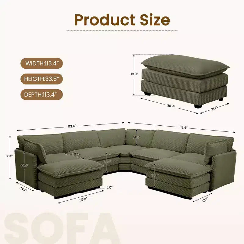 HYLEORY Canapé modulable surdimensionné en velours côtelé de 288 cm de profondeur * 288 cm de large, 7 places, avec double pouf, canapé en U avec canapé d'angle