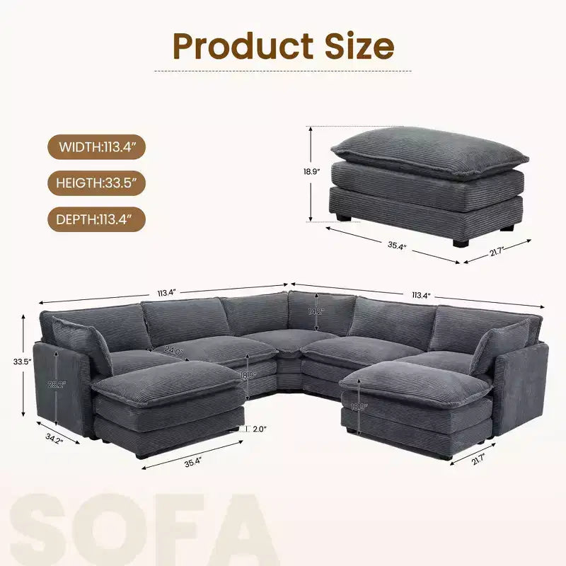 HYLEORY Canapé modulable surdimensionné en velours côtelé de 288 cm de profondeur * 288 cm de large, 7 places, avec double pouf, canapé en U avec canapé d'angle