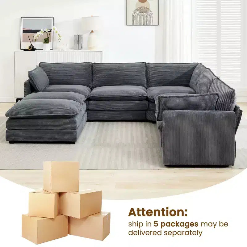 HYLEORY Canapé modulable surdimensionné en velours côtelé de 288 cm de profondeur * 288 cm de large, 7 places, avec double pouf, canapé en U avec canapé d'angle