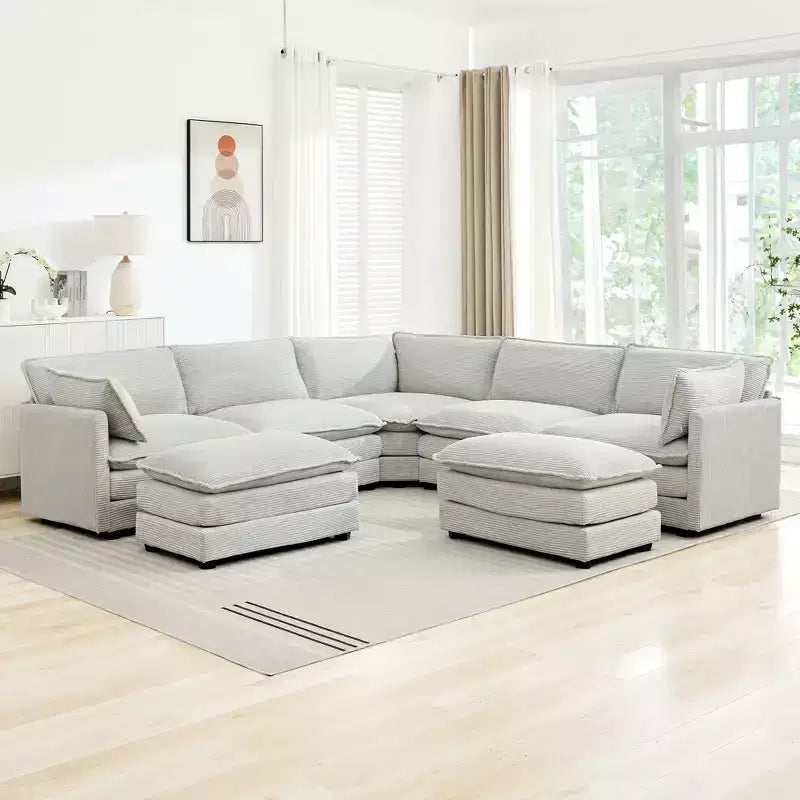 HYLEORY Canapé modulable surdimensionné en velours côtelé de 288 cm de profondeur * 288 cm de large, 7 places, avec double pouf, canapé en U avec canapé d'angle