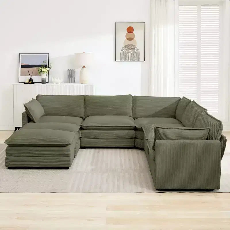 HYLEORY Canapé modulable surdimensionné en velours côtelé de 288 cm de profondeur * 288 cm de large, 7 places, avec double pouf, canapé en U avec canapé d'angle