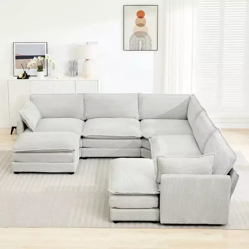 HYLEORY Canapé modulable surdimensionné en velours côtelé de 288 cm de profondeur * 288 cm de large, 7 places, avec double pouf, canapé en U avec canapé d'angle