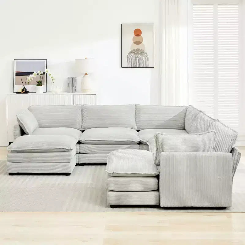 HYLEORY Canapé modulable surdimensionné en velours côtelé de 288 cm de profondeur * 288 cm de large, 7 places, avec double pouf, canapé en U avec canapé d'angle