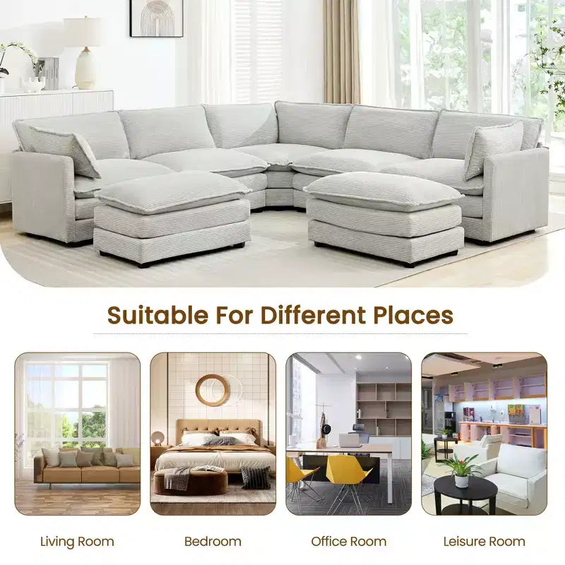 HYLEORY Canapé modulable surdimensionné en velours côtelé de 288 cm de profondeur * 288 cm de large, 7 places, avec double pouf, canapé en U avec canapé d'angle