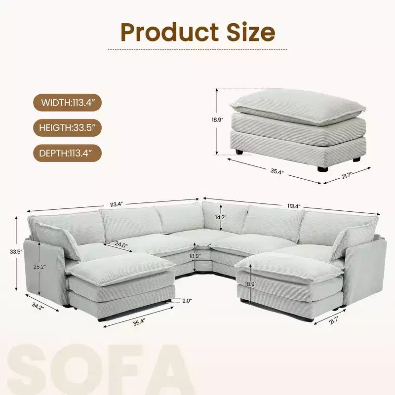 HYLEORY Canapé modulable surdimensionné en velours côtelé de 288 cm de profondeur * 288 cm de large, 7 places, avec double pouf, canapé en U avec canapé d'angle
