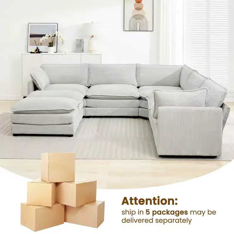 HYLEORY Canapé modulable surdimensionné en velours côtelé de 288 cm de profondeur * 288 cm de large, 7 places, avec double pouf, canapé en U avec canapé d'angle