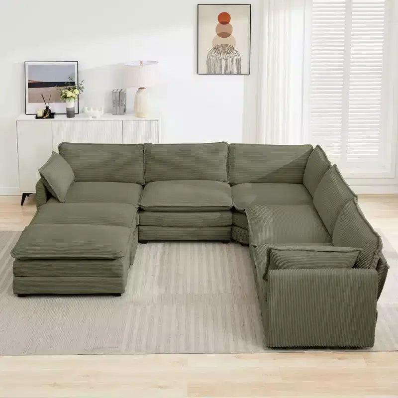 HYLEORY Canapé modulable surdimensionné en velours côtelé de 288 cm de profondeur * 288 cm de large, 7 places, avec double pouf, canapé en U avec canapé d'angle