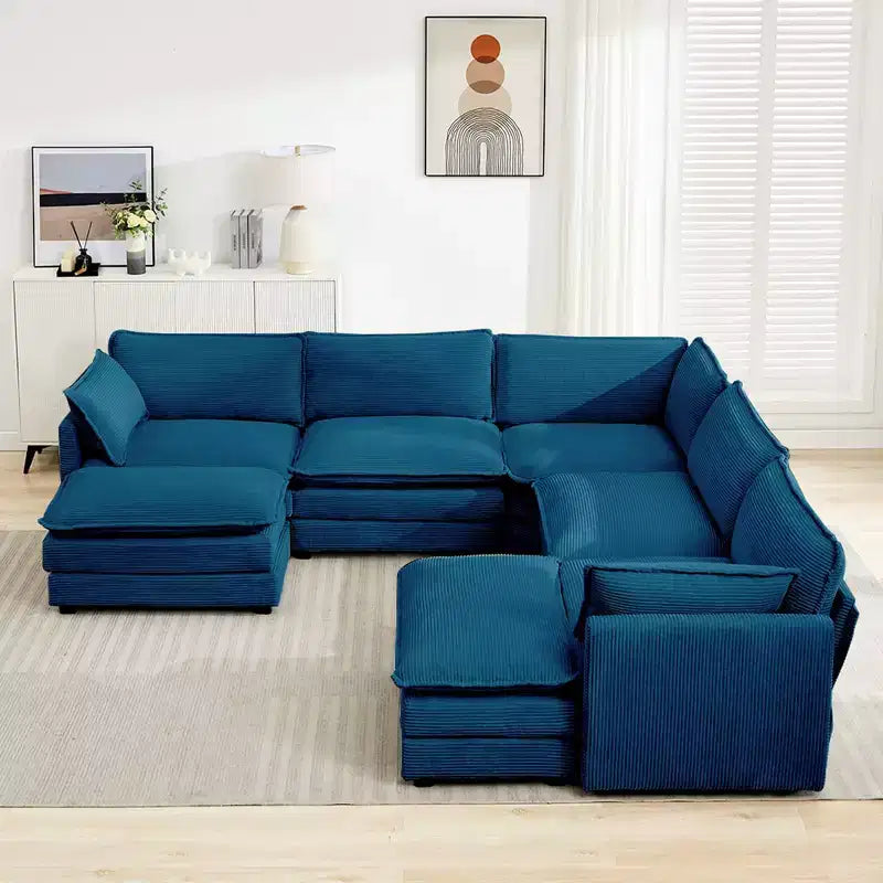 HYLEORY Canapé modulable surdimensionné en velours côtelé de 288 cm de profondeur * 288 cm de large, 7 places, avec double pouf, canapé en U avec canapé d'angle