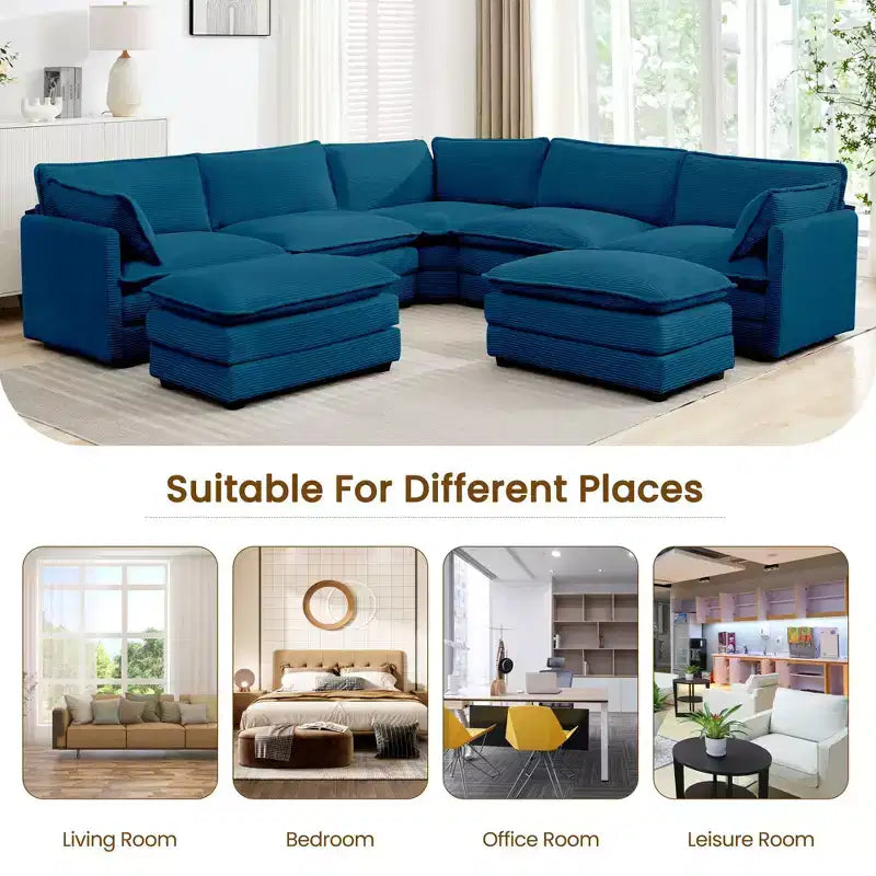 HYLEORY Canapé modulable surdimensionné en velours côtelé de 288 cm de profondeur * 288 cm de large, 7 places, avec double pouf, canapé en U avec canapé d'angle