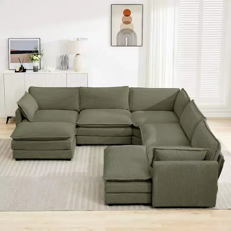 HYLEORY Canapé modulable surdimensionné en velours côtelé de 288 cm de profondeur * 288 cm de large, 7 places, avec double pouf, canapé en U avec canapé d'angle