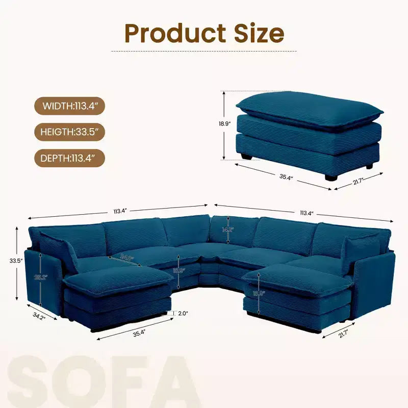 HYLEORY Canapé modulable surdimensionné en velours côtelé de 288 cm de profondeur * 288 cm de large, 7 places, avec double pouf, canapé en U avec canapé d'angle