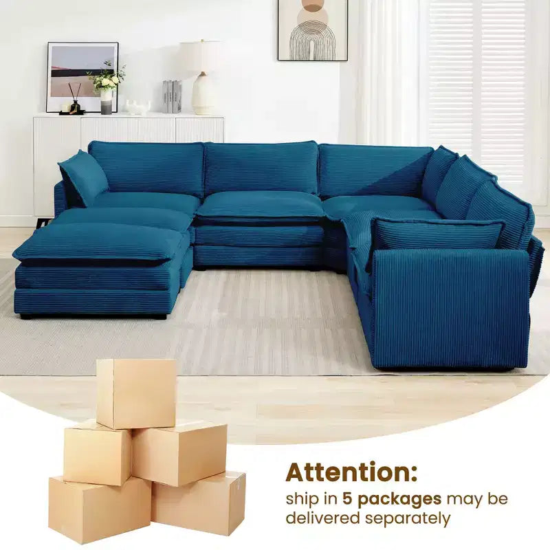 HYLEORY Canapé modulable surdimensionné en velours côtelé de 288 cm de profondeur * 288 cm de large, 7 places, avec double pouf, canapé en U avec canapé d'angle