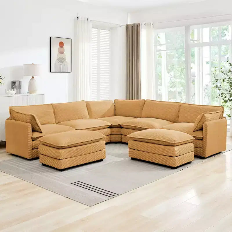 HYLEORY Canapé modulable surdimensionné en velours côtelé de 288 cm de profondeur * 288 cm de large, 7 places, avec double pouf, canapé en U avec canapé d'angle