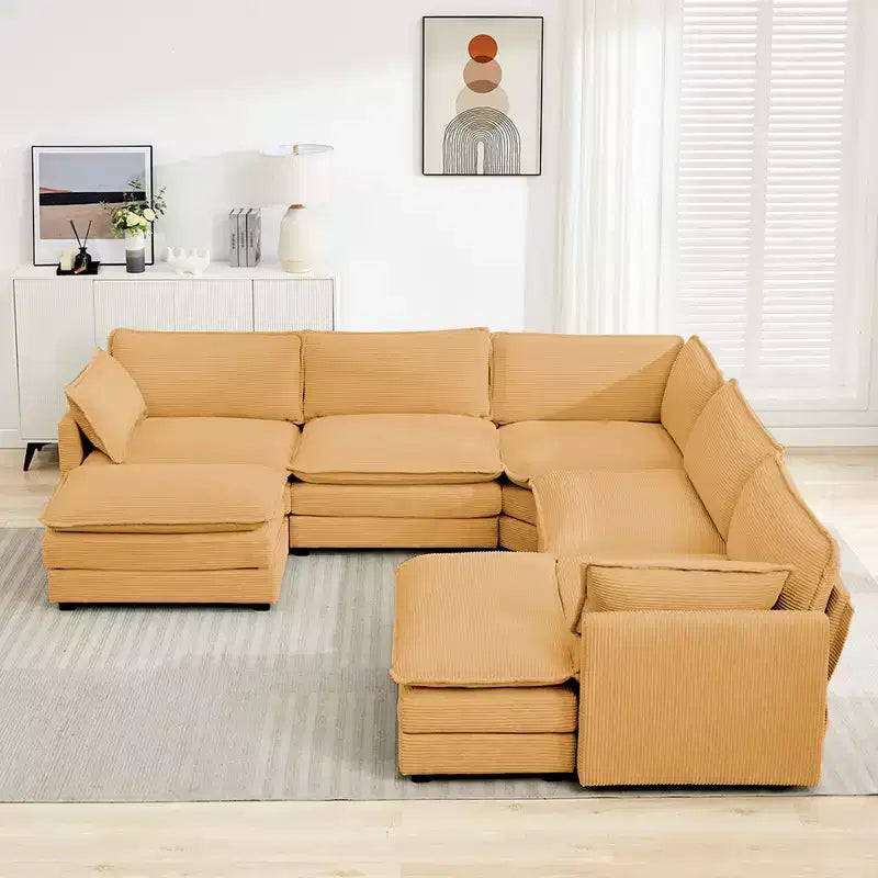 HYLEORY Canapé modulable surdimensionné en velours côtelé de 288 cm de profondeur * 288 cm de large, 7 places, avec double pouf, canapé en U avec canapé d'angle