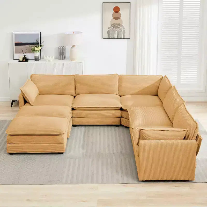 HYLEORY Canapé modulable surdimensionné en velours côtelé de 288 cm de profondeur * 288 cm de large, 7 places, avec double pouf, canapé en U avec canapé d'angle