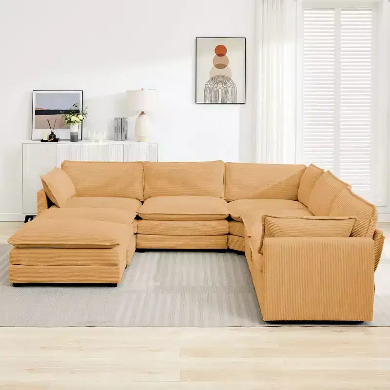 HYLEORY Canapé modulable surdimensionné en velours côtelé de 288 cm de profondeur * 288 cm de large, 7 places, avec double pouf, canapé en U avec canapé d'angle