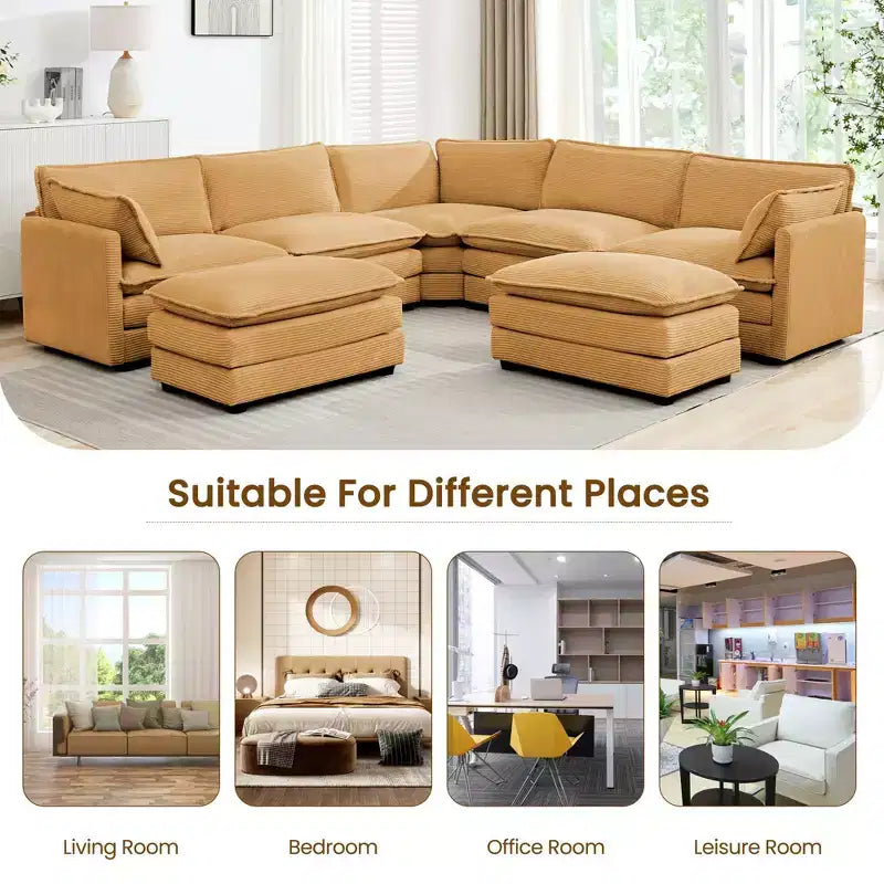 HYLEORY Canapé modulable surdimensionné en velours côtelé de 288 cm de profondeur * 288 cm de large, 7 places, avec double pouf, canapé en U avec canapé d'angle