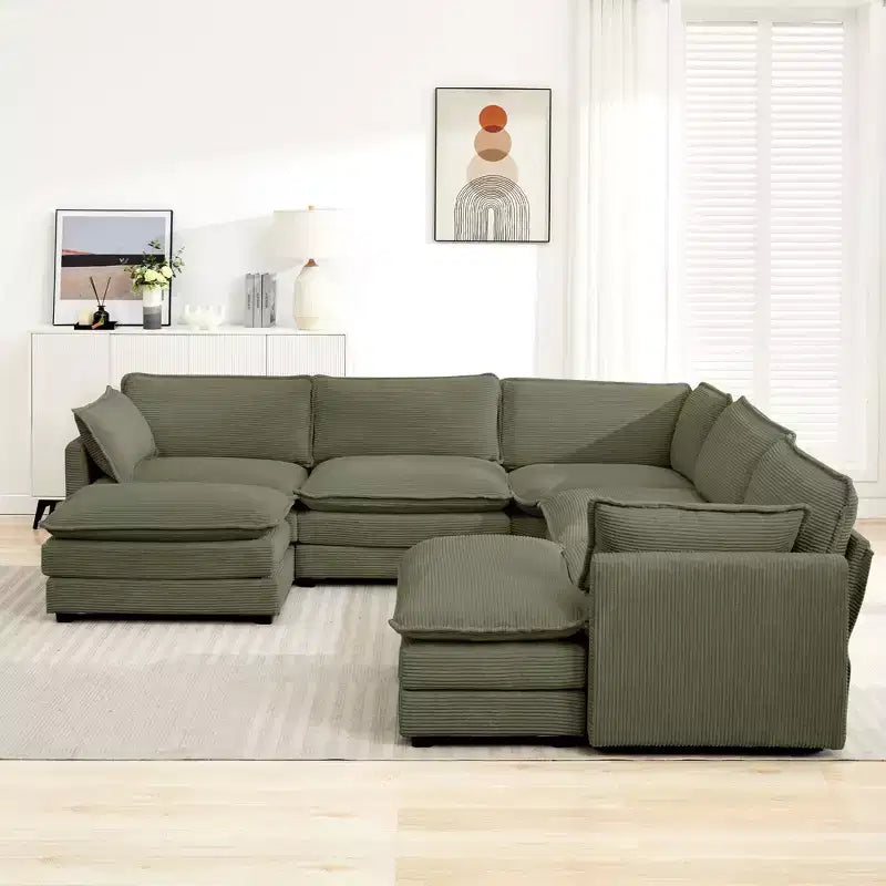 HYLEORY Canapé modulable surdimensionné en velours côtelé de 288 cm de profondeur * 288 cm de large, 7 places, avec double pouf, canapé en U avec canapé d'angle