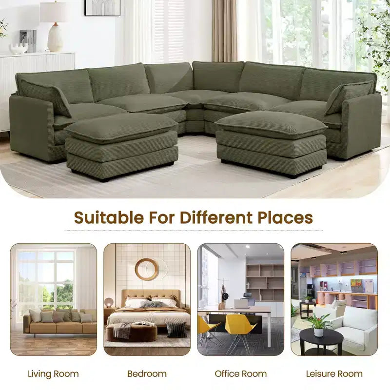 HYLEORY Canapé modulable surdimensionné en velours côtelé de 288 cm de profondeur * 288 cm de large, 7 places, avec double pouf, canapé en U avec canapé d'angle