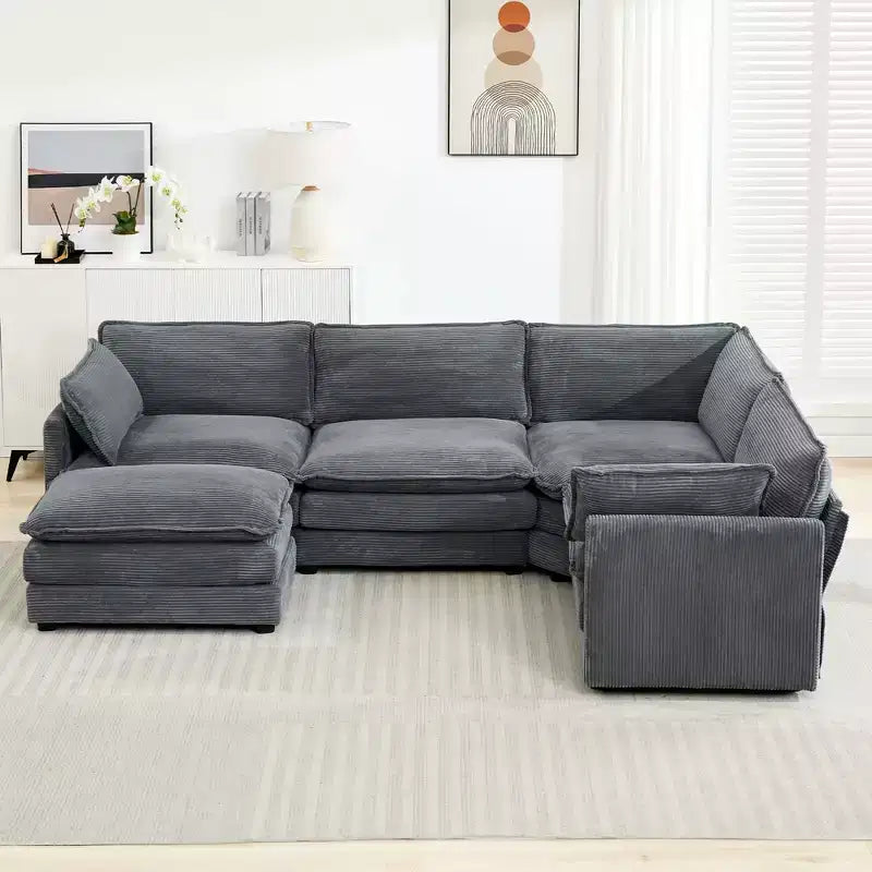 HYLEORY - Canapé d'angle modulaire moderne en velours côtelé de 287 x 201 cm avec pouf et canapé en forme de U à 5 places