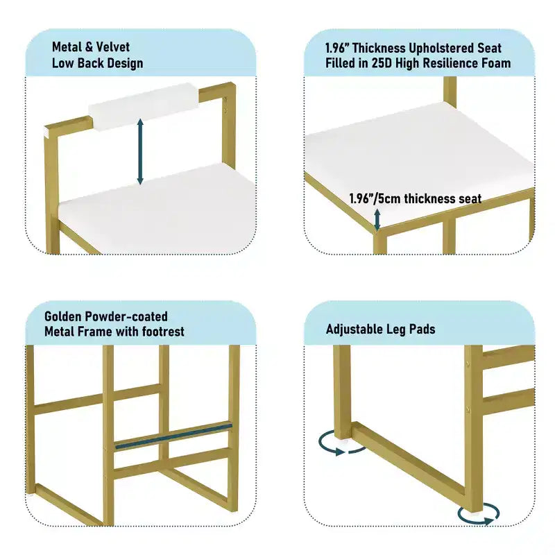 MAYEERTY Lot de 2 tabourets de bar rembourrés en velours, chaises de salle à manger modernes pour comptoir, hauteur de bar, intérieur, doré, blanc crème