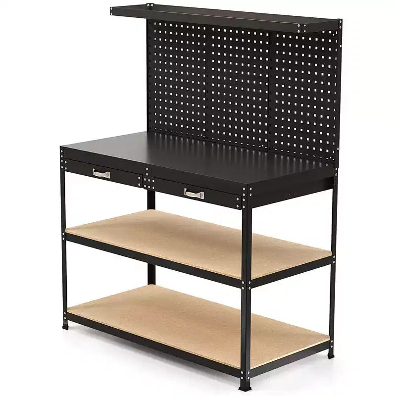 Costway Établi 122 x 61 cm, Table de Travail Robuste avec 3 Panneaux Perforés, Tiroir et Étagères Bleu Marine/Noir