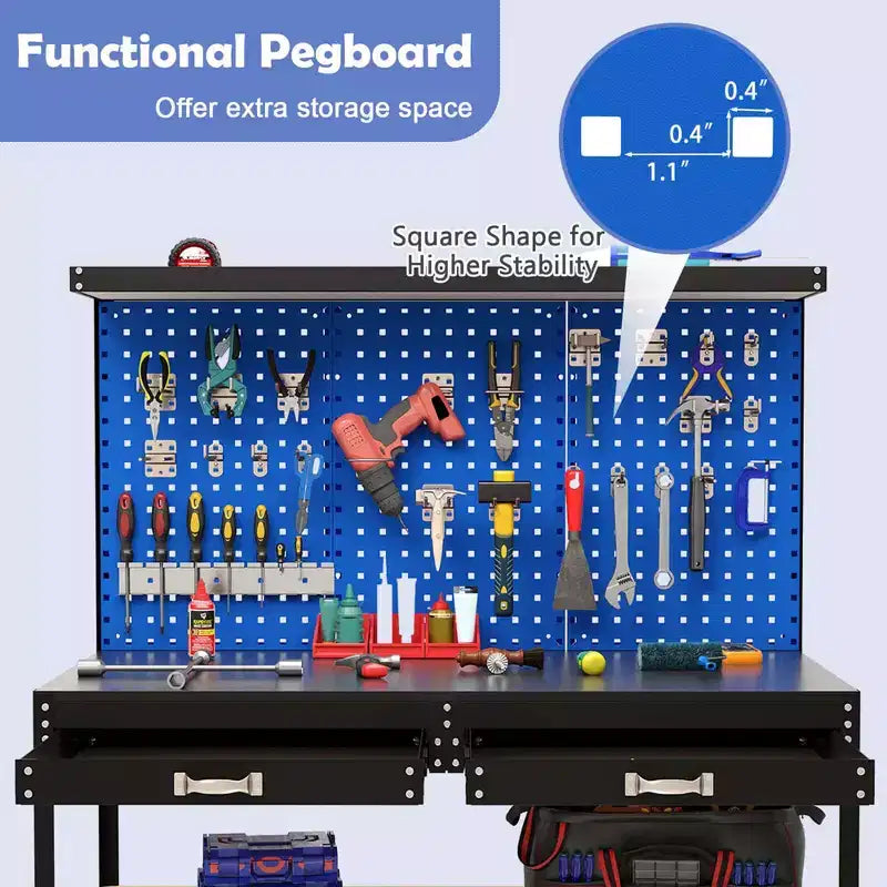 Costway Établi 122 x 61 cm, Table de Travail Robuste avec 3 Panneaux Perforés, Tiroir et Étagères Bleu Marine/Noir