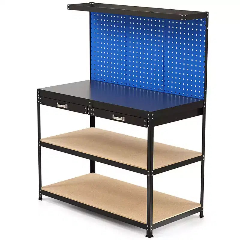 Costway Établi 122 x 61 cm, Table de Travail Robuste avec 3 Panneaux Perforés, Tiroir et Étagères Bleu Marine/Noir