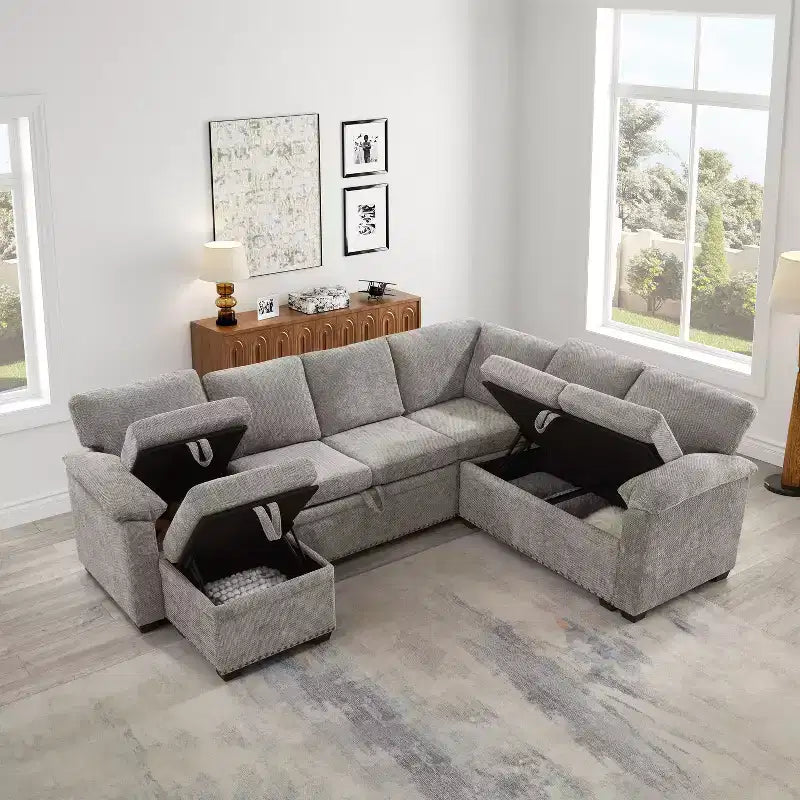 Canapé d'angle en forme de L 97" avec pouf de rangement, canapé d'angle 7 places en tissu chenille avec 2 oreillers pour salon - ModernLuxe