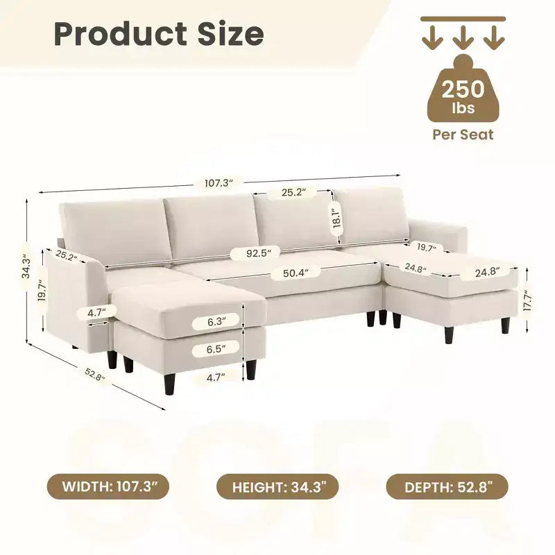 Canapé d'angle en U Hyleory avec 2 poufs, grand canapé 6 places pour salon, bureau, espace spacieux