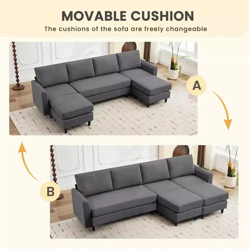 Canapé d'angle en U Hyleory avec 2 poufs, grand canapé 6 places pour salon, bureau, espace spacieux