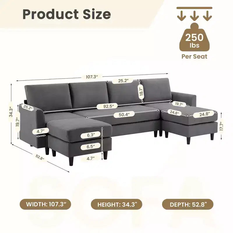 Canapé d'angle en U Hyleory avec 2 poufs, grand canapé 6 places pour salon, bureau, espace spacieux