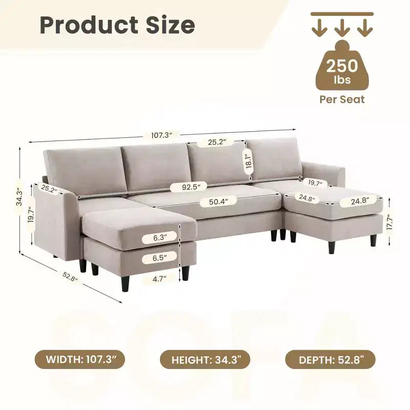 Canapé d'angle en U Hyleory avec 2 poufs, grand canapé 6 places pour salon, bureau, espace spacieux