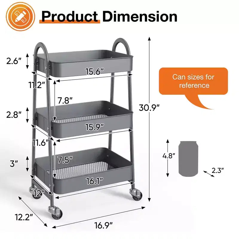 Chariot de rangement utilitaire en métal à 3 niveaux, petit chariot roulant pour la cuisine, la salle de bain, la buanderie, le bar, les étagères de bureau