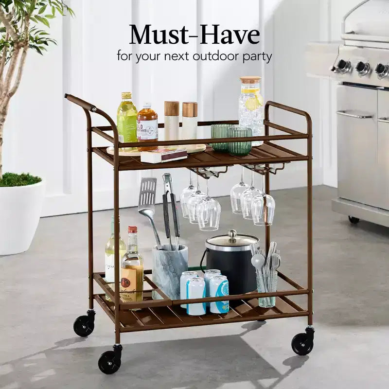 Chariot de bar roulant à 2 niveaux Best Choice Products, intérieur/extérieur avec étagères de rangement, casier à vin, roulettes verrouillables
