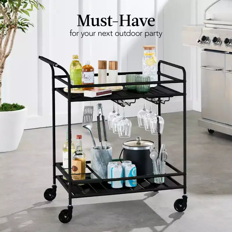 Chariot de bar roulant à 2 niveaux Best Choice Products, intérieur/extérieur avec étagères de rangement, casier à vin, roulettes verrouillables