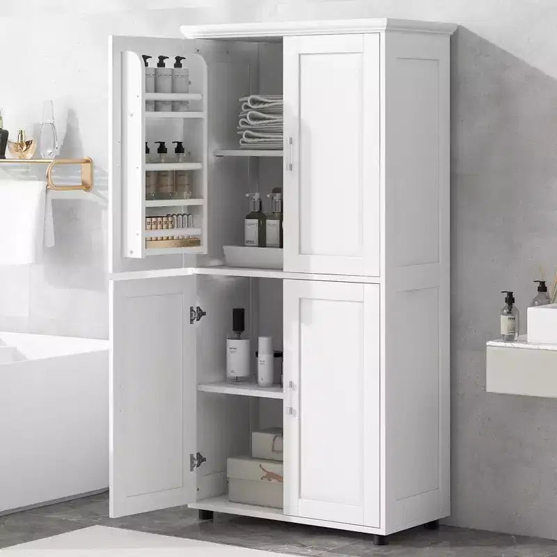 Whisen Minimalist Style Tall and Wide Storage Cabinet, Freestanding Cabinet with 4 Doors and Adjustable Shelves for Bathroom, Office - White