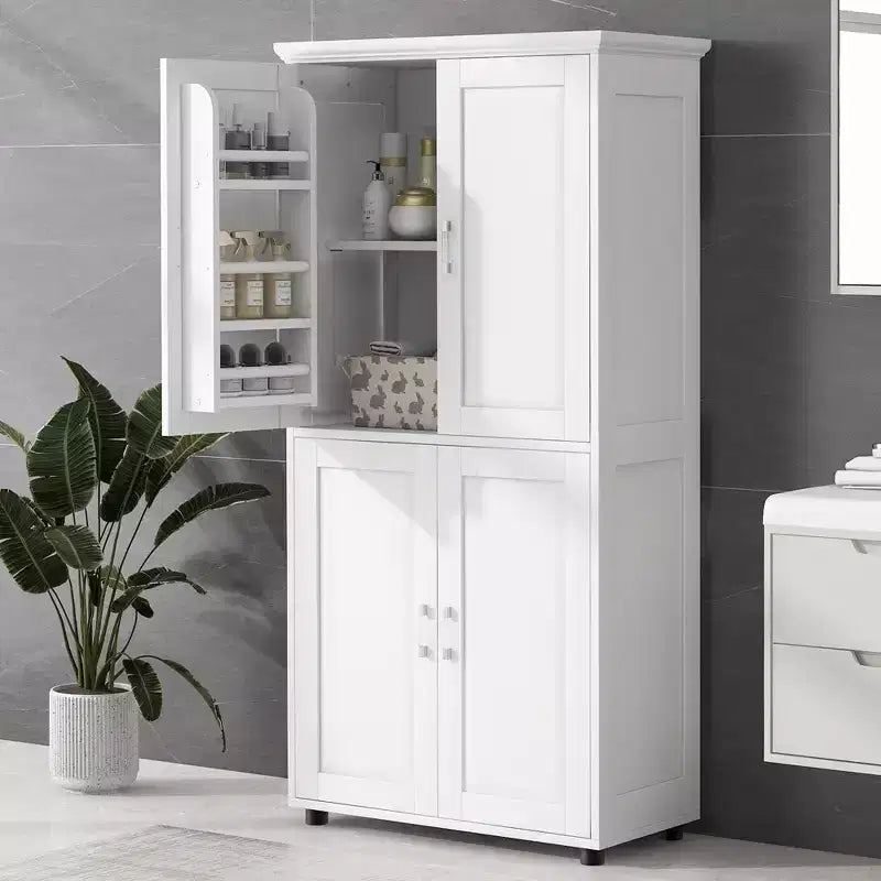Whisen Armoire de rangement haute et large de style minimaliste, meuble autonome avec 4 portes et étagères réglables pour salle de bain, bureau - Blanc