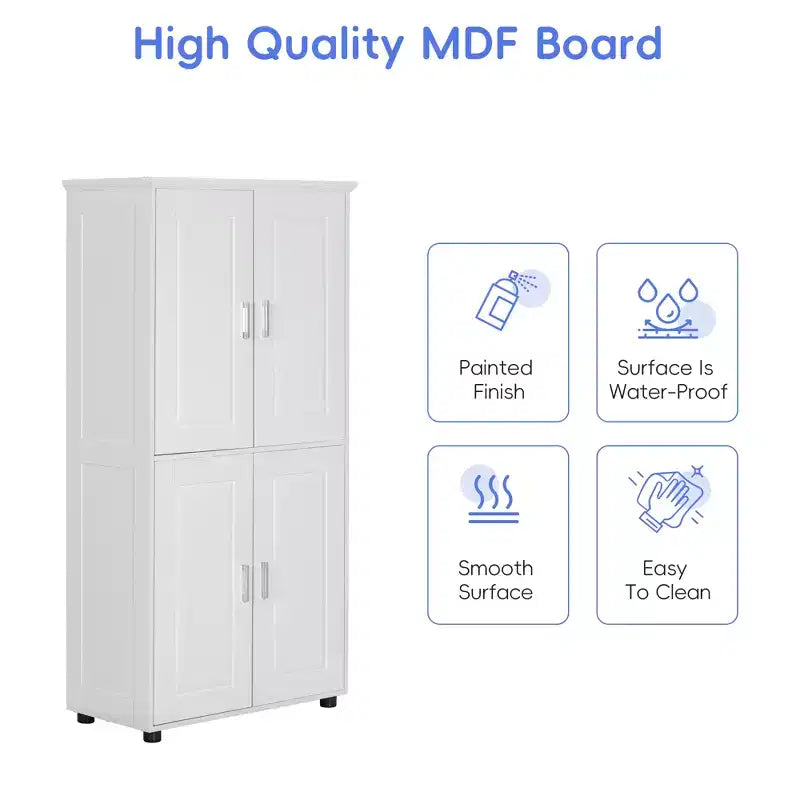 Whisen Armoire de rangement haute et large de style minimaliste, meuble autonome avec 4 portes et étagères réglables pour salle de bain, bureau - Blanc