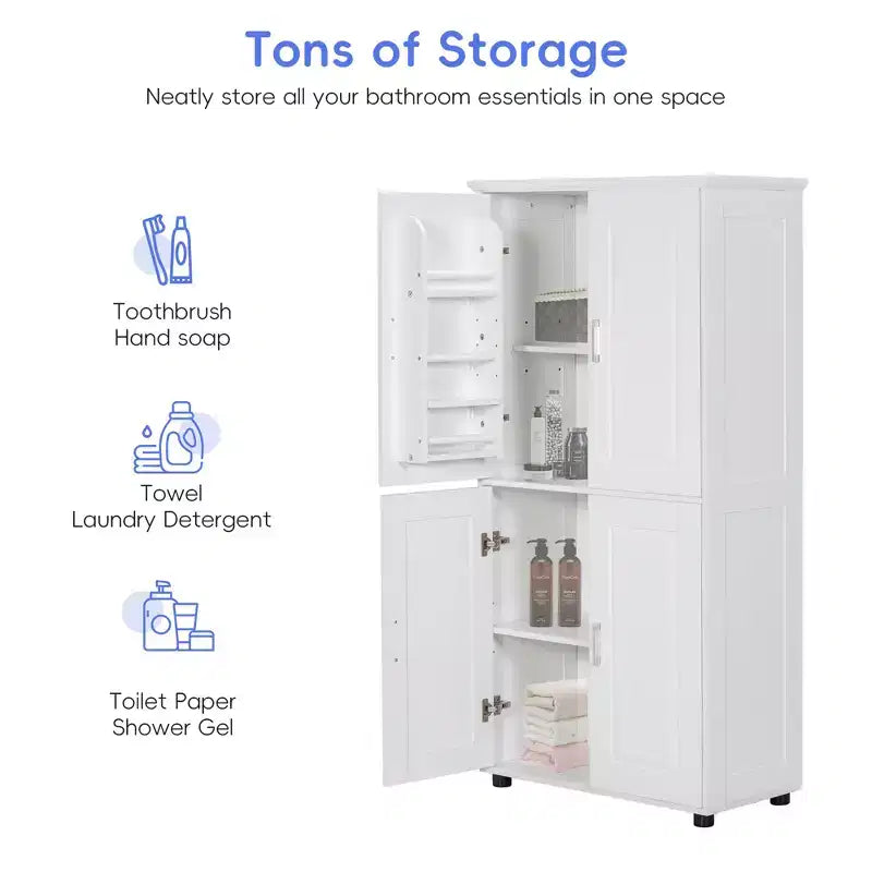 Whisen Armoire de rangement haute et large de style minimaliste, meuble autonome avec 4 portes et étagères réglables pour salle de bain, bureau - Blanc